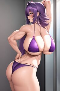 anime,muscular,huge boobs,50s age,orgasm face,purple hair,messy hair style,light skin,3d,changing room,back view,spreading legs,bikini