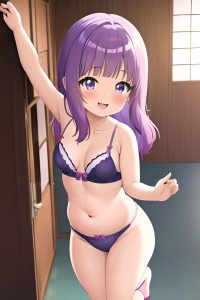 anime,chubby,small tits,70s age,happy face,purple hair,pixie hair style,light skin,warm anime,wedding,side view,jumping,lingerie