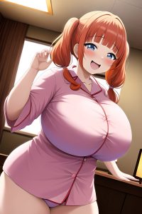 anime,chubby,huge boobs,70s age,laughing face,ginger,pigtails hair style,light skin,film photo,club,front view,massage,pajamas