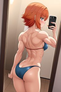 anime,muscular,small tits,30s age,sad face,ginger,pixie hair style,light skin,mirror selfie,grocery,back view,bending over,nurse