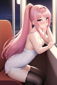 anime,busty,small tits,50s age,pouting lips face,pink hair,straight hair style,light skin,dark fantasy,train,side view,bathing,stockings