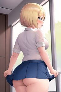 anime,chubby,small tits,20s age,angry face,blonde,bobcut hair style,light skin,crisp anime,office,back view,jumping,mini skirt