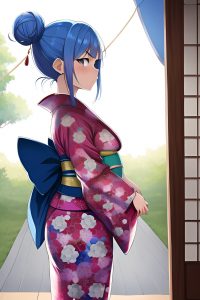 anime,pregnant,small tits,60s age,serious face,blue hair,hair bun hair style,light skin,comic,tent,side view,bending over,kimono