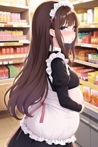 anime,pregnant,small tits,70s age,pouting lips face,brunette,straight hair style,light skin,illustration,grocery,back view,on back,maid