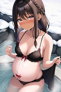 anime,pregnant,small tits,20s age,sad face,brunette,braided hair style,dark skin,crisp anime,snow,close-up view,bathing,lingerie
