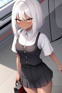 anime,skinny,small tits,30s age,angry face,white hair,bangs hair style,dark skin,crisp anime,train,close-up view,t-pose,mini skirt