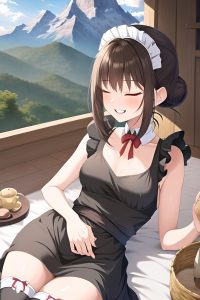 anime,skinny,small tits,60s age,laughing face,brunette,hair bun hair style,light skin,charcoal,mountains,front view,sleeping,maid