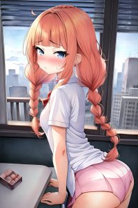 anime,skinny,small tits,20s age,pouting lips face,ginger,braided hair style,light skin,watercolor,hospital,back view,bending over,schoolgirl