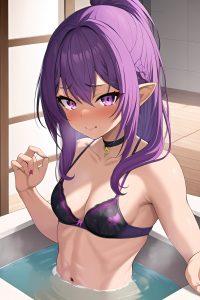 anime,muscular,small tits,70s age,ahegao face,purple hair,slicked hair style,dark skin,painting,party,front view,bathing,bra