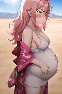 anime,pregnant,small tits,20s age,angry face,pink hair,messy hair style,light skin,film photo,desert,side view,working out,kimono