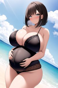 anime,pregnant,huge boobs,60s age,shocked face,brunette,bobcut hair style,dark skin,black and white,beach,close-up view,working out,lingerie