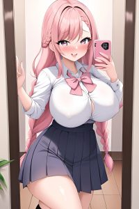 anime,skinny,huge boobs,30s age,orgasm face,pink hair,braided hair style,light skin,mirror selfie,mall,front view,t-pose,schoolgirl