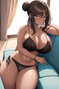 anime,skinny,huge boobs,30s age,seductive face,brunette,hair bun hair style,dark skin,painting,couch,back view,on back,lingerie