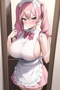 anime,skinny,huge boobs,18 age,serious face,pink hair,pigtails hair style,light skin,mirror selfie,bus,back view,on back,maid