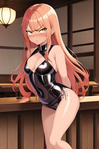 anime,busty,small tits,40s age,angry face,ginger,straight hair style,dark skin,dark fantasy,restaurant,front view,bending over,latex