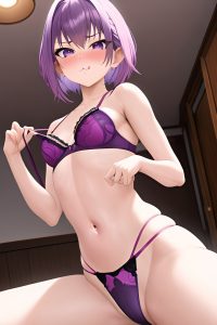 anime,skinny,small tits,30s age,pouting lips face,purple hair,pixie hair style,light skin,warm anime,gym,front view,spreading legs,lingerie