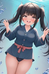 anime,chubby,small tits,30s age,laughing face,black hair,pigtails hair style,dark skin,vintage,underwater,close-up view,t-pose,bathrobe