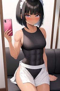 anime,muscular,small tits,80s age,sad face,black hair,bobcut hair style,dark skin,mirror selfie,couch,side view,working out,maid