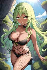 anime,busty,small tits,60s age,orgasm face,green hair,messy hair style,dark skin,illustration,cave,front view,jumping,fishnet