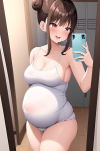 anime,pregnant,small tits,40s age,laughing face,brunette,hair bun hair style,light skin,mirror selfie,locker room,front view,sleeping,bra