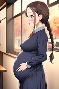 anime,pregnant,small tits,30s age,shocked face,brunette,braided hair style,light skin,crisp anime,cafe,side view,gaming,schoolgirl