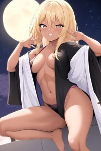 anime,muscular,small tits,80s age,happy face,blonde,bangs hair style,dark skin,black and white,moon,front view,yoga,bathrobe