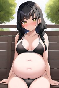 anime,pregnant,small tits,60s age,shocked face,black hair,braided hair style,dark skin,crisp anime,oasis,close-up view,working out,bra