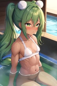 anime,muscular,small tits,80s age,orgasm face,green hair,pigtails hair style,dark skin,soft + warm,yacht,side view,bathing,geisha