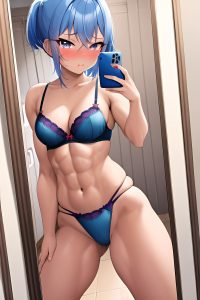 anime,muscular,small tits,50s age,pouting lips face,blue hair,pixie hair style,dark skin,mirror selfie,grocery,side view,spreading legs,bra
