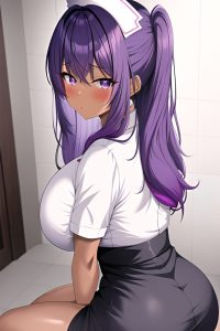 anime,busty,huge boobs,50s age,shocked face,purple hair,bangs hair style,dark skin,soft anime,bathroom,back view,straddling,nurse