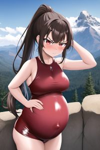 anime,pregnant,small tits,20s age,angry face,brunette,ponytail hair style,light skin,dark fantasy,mountains,front view,plank,latex