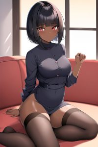anime,busty,small tits,40s age,orgasm face,black hair,bobcut hair style,dark skin,warm anime,couch,front view,yoga,nurse