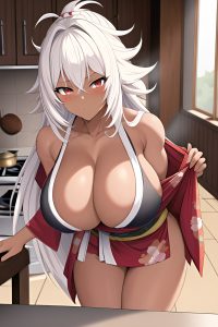 anime,muscular,huge boobs,18 age,seductive face,white hair,messy hair style,dark skin,vintage,kitchen,close-up view,bending over,kimono