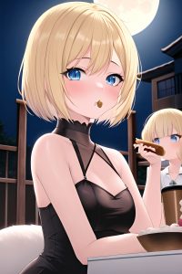 anime,busty,small tits,30s age,shocked face,blonde,bobcut hair style,light skin,film photo,moon,close-up view,eating,goth