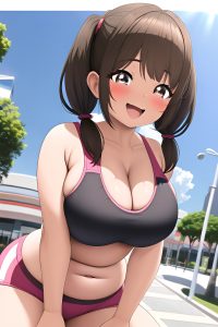 anime,chubby,small tits,60s age,laughing face,brunette,pigtails hair style,dark skin,3d,mall,close-up view,working out,bra