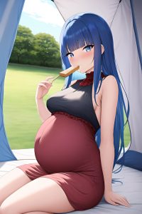 anime,pregnant,small tits,30s age,seductive face,blue hair,straight hair style,light skin,vintage,tent,close-up view,eating,goth