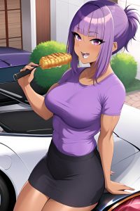 anime,muscular,small tits,50s age,laughing face,purple hair,pixie hair style,dark skin,crisp anime,car,front view,eating,fishnet