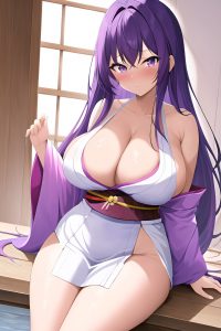 anime,busty,huge boobs,18 age,shocked face,purple hair,straight hair style,dark skin,watercolor,bathroom,close-up view,plank,kimono