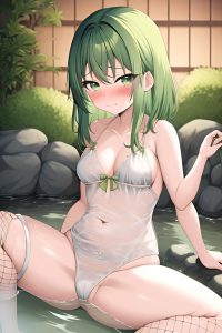 anime,busty,small tits,30s age,sad face,green hair,bangs hair style,light skin,illustration,onsen,side view,spreading legs,fishnet