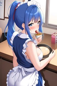 anime,chubby,small tits,18 age,orgasm face,blue hair,ponytail hair style,light skin,soft + warm,office,back view,eating,maid