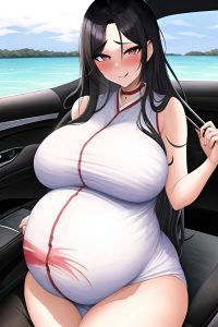 anime,pregnant,huge boobs,70s age,ahegao face,black hair,slicked hair style,dark skin,watercolor,car,close-up view,working out,geisha