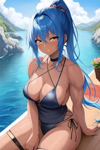 anime,muscular,small tits,50s age,happy face,blue hair,ponytail hair style,dark skin,painting,yacht,close-up view,cooking,fishnet