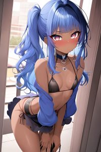anime,skinny,small tits,60s age,pouting lips face,blue hair,messy hair style,dark skin,skin detail (beta),mall,close-up view,bending over,goth