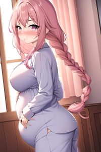 anime,pregnant,small tits,40s age,pouting lips face,pink hair,braided hair style,light skin,cyberpunk,moon,back view,t-pose,pajamas