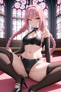 anime,busty,small tits,30s age,serious face,pink hair,braided hair style,light skin,3d,church,side view,spreading legs,goth