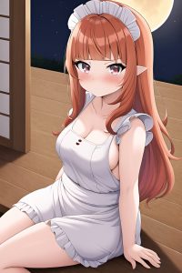 anime,chubby,small tits,50s age,serious face,ginger,straight hair style,light skin,warm anime,moon,close-up view,plank,maid