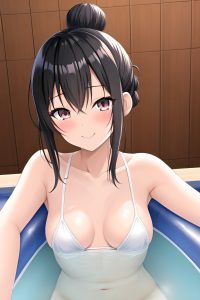 anime,skinny,small tits,50s age,happy face,black hair,hair bun hair style,light skin,warm anime,hot tub,close-up view,straddling,schoolgirl
