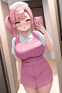 anime,chubby,small tits,40s age,ahegao face,pink hair,slicked hair style,light skin,mirror selfie,mall,front view,jumping,nurse