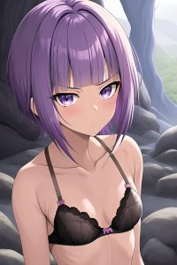 anime,skinny,small tits,50s age,serious face,purple hair,pixie hair style,dark skin,soft anime,cave,close-up view,cumshot,bra