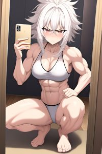 anime,muscular,small tits,50s age,serious face,white hair,messy hair style,light skin,mirror selfie,beach,front view,squatting,goth